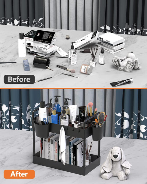 Warmodern Under Sink Organizer, 2 Tier Bathroom Organizer Under Sink, Kitchen Cabinet Organizers Baskets with 4Hooks,2 Handles and 2 Hanging Cups, Multifunction Under Sink Storage for Bathroom Kitchen