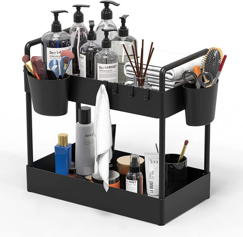 Warmodern Under Sink Organizer, 2 Tier Bathroom Organizer Under Sink, Kitchen Cabinet Organizers Baskets with 4Hooks,2 Handles and 2 Hanging Cups, Multifunction Under Sink Storage for Bathroom Kitchen