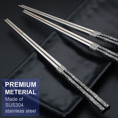 Reusable Chopsticks 3 Pairs Metal Chopsticks Stainless Steel Titanium Plated Chop Sticks Dishwasher Safe Gift Box (Black Silver)