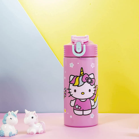 Zak Designs Sanrio Hello Kitty Vacuum Insulated, Stainless Steel Kids Water Bottle with Flip-Up Straw Spout and Locking Spout Cover, Durable Cup for Sports or Travel (14 oz, 18/8 SS)