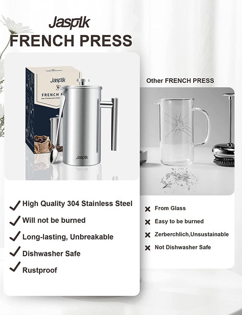 French Press Portable Coffee Maker - 4 Level Filtration System, 34 Oz 304 Stainless Steel Coffee Press, Tea Maker, No Coffee Grounds, with 2 Extra Screens & Spoon, Rust-Free, Dishwasher Safe, BPA Free (Silver)