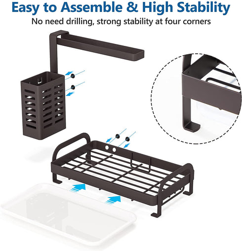 Sink Caddy Organizer, 1Easylife Kitchen Sink Caddy Bronze with Drain Tray Sponge Holder Brush Dishcloth Holder Hanger Countertop for Kitchen