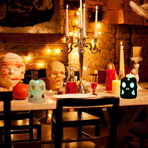 OSALADI 4 Packs Skeleton Candle Lights Halloween Flickering Candles with Skull Battery Operated Candle Lights for Halloween Party Festival Room Bar Hotel Decor