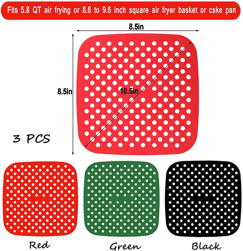 3 PCS Reusable Air Fryer Liners,Square Air Fryer Silicone Liners for Air Fryer Basket,Non-Stick Air Fryer Accessories Basket Mats Replacement for Parchment Paper, BPA Free. (Black Red Green, 8.5 in)