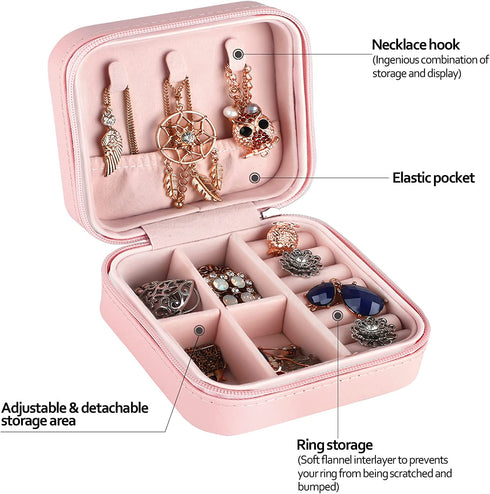 EEEKit 2 Pack Travel Jewelry Organizer Case, Portable Small Double Layer Jewelry Box for Traveling, PU Leather Jewelry Storage Boxes for Earrings Necklace Ring Bracelet Watch Bangle Display (Pink)