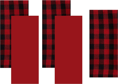 St. Nicholas Square Kitchen Dish Towels Set of 5 - Buffalo Plaid Red and Black Check and Solid Red for The Christmas Holidays, 16.5 x 26, Cotton Construction