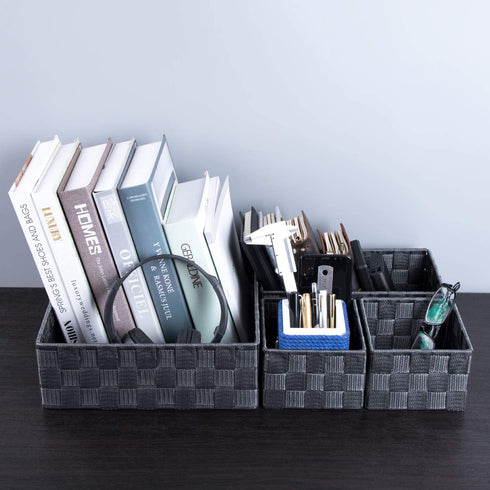 Woven Storage Baskets for Organizing, Posprica Small Baskets Cube Bin Container Tote Organizer Divider for Drawer, Closet, Shelf, Dresser, Set of 4(Dark Grey)