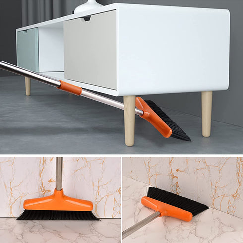 Perastra Long-Handled Broom & Dustpan Set, Upright Standing Dustpan & Super Long Handled Broom with Heavy Duty Bristles for Home Floor Sweeping (Black Orange)