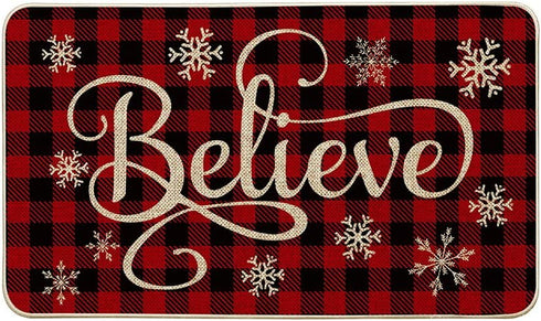 Artoid Mode Buffalo Plaid Snowflake Believe Decorative Doormat, Seasonal Winter Christmas Holiday Low-Profile Floor Mat Switch Mat for Indoor Outdoor 17 x 29 Inch