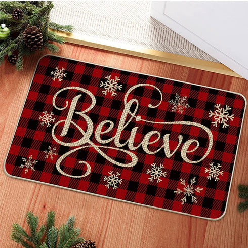 Artoid Mode Buffalo Plaid Snowflake Believe Decorative Doormat, Seasonal Winter Christmas Holiday Low-Profile Floor Mat Switch Mat for Indoor Outdoor 17 x 29 Inch
