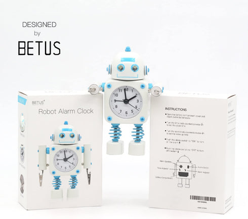 Betus Non-Ticking Robot Alarm Clock Stainless Metal - Wake-up Clock with Flashing Eye Lights and Hand Clip (White)