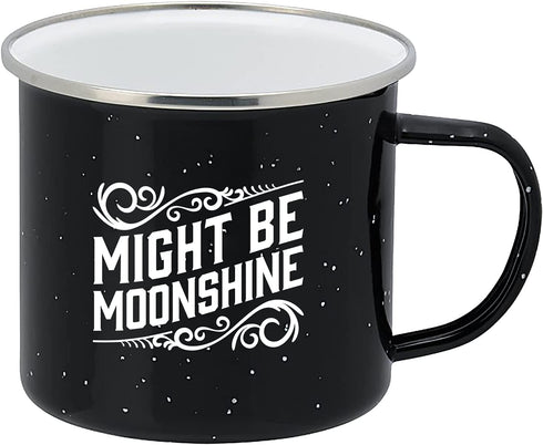 Enamel Camping Coffee Mug "Might Be Moonshine" Large Tin Cup, 15 Ounce (Midnight Black)