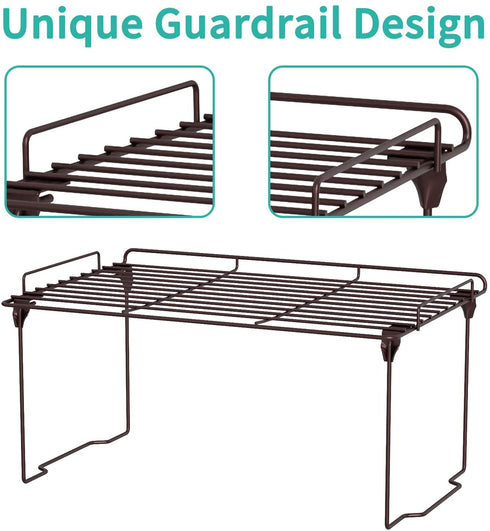 HapiRm Stackable Cabinet Shelf Kitchen Cabinet Organizers and Storage,Kitchen Pantry Shelves Organizer,Safety guardrail Kitchen Counter Bedroom Bathroom Accessories,Stainless Steel,2 Pack,Bronze