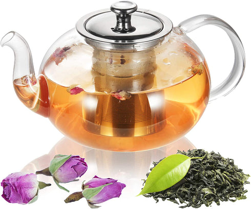 Glass Teapot Kettle, OAMCEG 40 OZ / 1.2 L Teapot with Removable Infuser & Lid & Handle, Glass Tea Kettle Stovetop Safe, Great For Loose Leaf Tea, Blooming Tea, Tea Bags & Fruit Infused Water