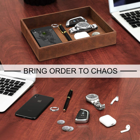 SITHON Valet Tray Desk Organizer, PU Leather Catchall Tray Bedside Vanity Tray Nightstand Caddy Coin Box Key Jewelry Storage Organizer, Brown