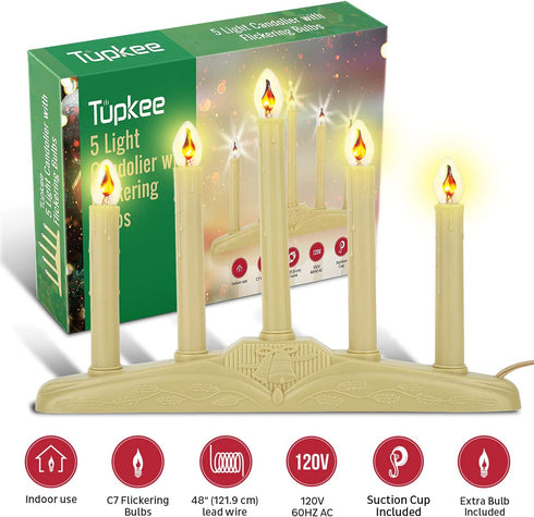 Tupkee Christmas Candolier Window Candles with Flickering Bulbs 5-Lights Indoor -Flameless Electric Window Candles Candelabra - 2 Pack