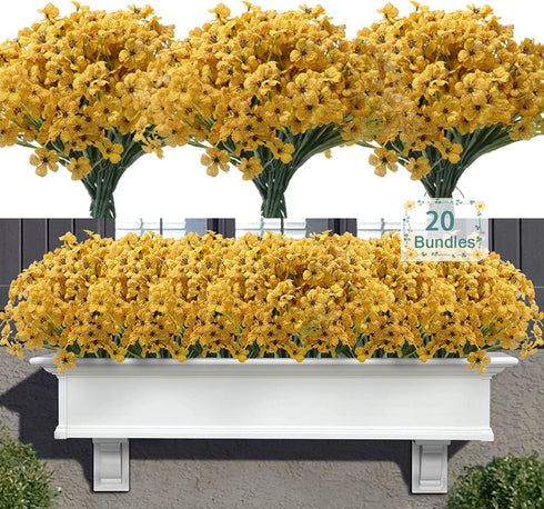 Artificial Flowers Outdoor, 20 Bundles Artificial Plants UV Resistant Fake Plants for Outdoors Outside Front Porch Window Box Hanging Planter Decoration(Yellow)