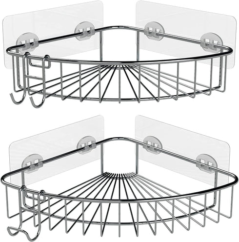 STARICH Adhesive Shower Shelves Corner Caddy Shelf for Inside Tile Walls Shampoo Conditioner Organizer Stainless Steel Bathroom Rack with Hooks Bath Tub Drill Free Rust Proof Basket 2 Pack Chrome