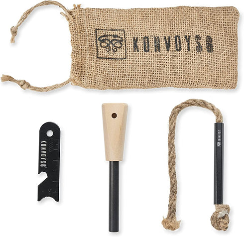 KonvoySG Premium Magnesium Traditional Ferrocium Rod Firesteel - Includes Hemp Cord Tinder Superior Wooden Handle/Grip Leather Lanyard - Essential Fire Starter Camping Survival Kit