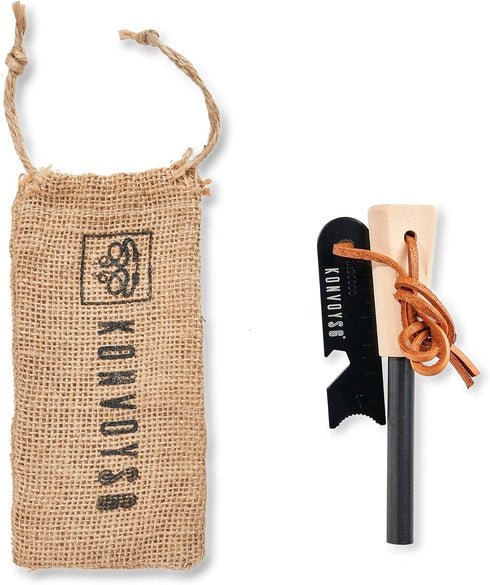 KonvoySG Premium Magnesium Traditional Ferrocium Rod Firesteel - Includes Hemp Cord Tinder Superior Wooden Handle/Grip Leather Lanyard - Essential Fire Starter Camping Survival Kit