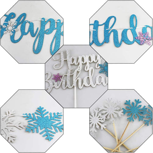 Snowflake Birthday Party Decorations with Happy Birthday Snowflake Banner, Cake Toppers, Purple Blue White Snowflake Balloons for Frozen Birthday Party Supplies Winter Wonderland Baby Shower