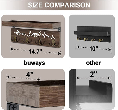 buways Wall-Mounted Key and Mail Holder, Wooden Key Rack with 4 Double Key Hooks, Rustic Home Decor for Entryway