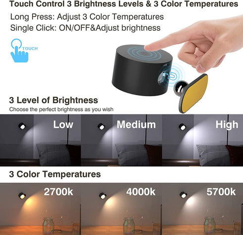 Koopala LED Wall Mounted Reading Lights, Wall Sconce?with USB Charging Port 3 Brightness Levels Rechargeable Battery 360°Rotate Magnetic Ball Dimmable Touch Control, Lamps for Kid Study Bedside-1Pack