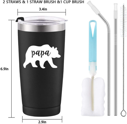 Gingprous Papa Bear Travel Tumbler Gifts for Men, Best Dad Papa Birthday Gifts for New Dad, Dad to Be, Father's Day Christmas Xmas Present, Stainless Steel Travel Tumbler with 2 Lids(20 Oz, Black)