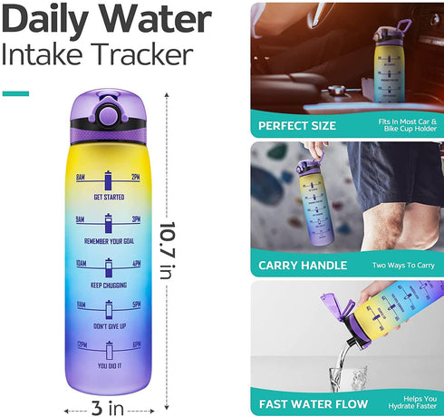 Elvira 32oz Motivational Water Bottle with Time Marker & Removable Fruit Infuser, Leakproof BPA Free Wide Mouth, Ensure You Drink Enough Water Daily for Fitness and Outdoor Activity