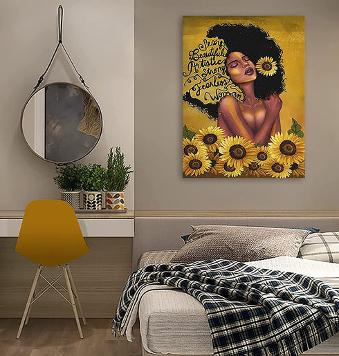 African American Canvas Wall Art Black Woman With Butterflies Paintings Sexy Black arounded by Sunflower Canvas Paintings Afro Women Picture Black Queen Inspirational Wall Art Hanging Poster Painting Black Girl Photography Abstract Watercolor Sunflower Pa
