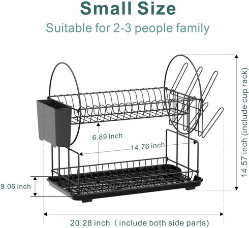 Dish Drying Rack, GSlife Rust-Resistant Small 2 Tier Dish Rack with Drainboard Set, Dish Drainer with Utensil Holder & Cup Holder for Kitchen Counter, Black