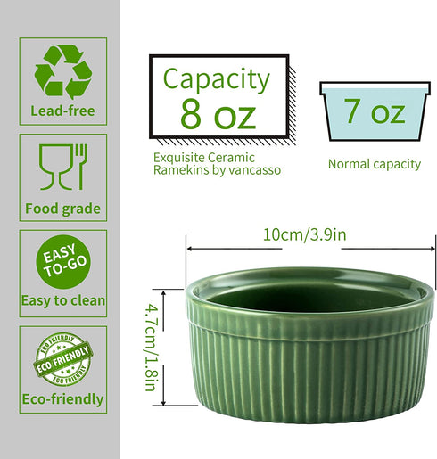 Ramekins Set of 6, vancasso 8 Oz Ramekin Set for Baking, Porcelain Souffle Dishes Microwave and Oven Safe, Ceramic Custard Cups for Creme Brulee, Pudding, Cake, Dessert, Dip Sauce Bowls (Green)