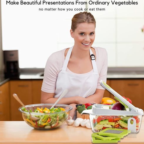 Brieftons QuickPush Food Chopper: Strongest & 200% More Container Capacity, 30% Heavier Duty, Kitchen Vegetable Fruit Dicer, Onion Tomato Potato Fries Cutter, with 3 Dicing Blades & Keep-Fresh Lid