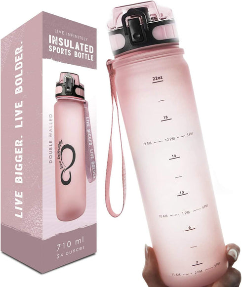 Live Infinitely 24 oz Water Bottle with Time Marker - Insulated Measured Water Tracker Screen - BPA Free Gym Water Bottle - Locking Flip Top Lid, Rubberized (Rose, 24oz)