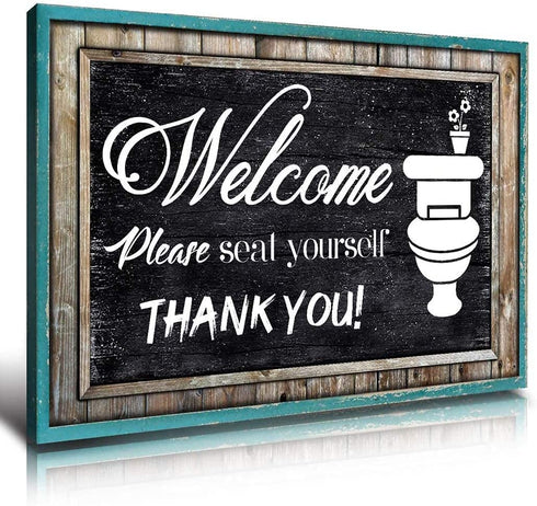 Teal Wall Art, Funny Bathroom Picture Wall Decor, Restroom Canvas Prints Black and White Please Seat Yourself Sign Rustic Turquoise Welcome Signs Painting Accessories Farmhouse Home Decoration 8 x 14"