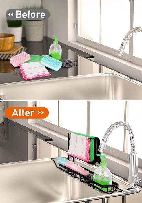 Sponge Holder for Kitchen Sink, Telescopic Sink Storage Rack, SUS304 Stainless Kitchen Sink Organizer, Rust Proof Water Proof, Larger Sink Brush Holder, No Drilling,Black
