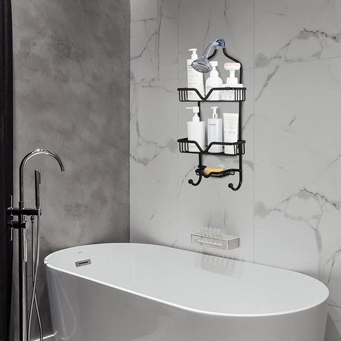 Shower Caddy Over Shower Head, Aluminum Hanging Shower Caddy, Rustproof Shower Organizer Hanging for Shampoo & Soap 3-Tier with 2 Hooks, Black, 25.1" x 11" x 4.7"
