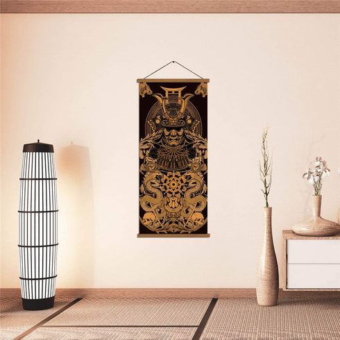 Warrior™s Dreams Canvas Wall Art Print Poster Armored Helmet Samurai spirit with Scroll Wood Framed Ready to Hanger Home Karate Hall Sushi Restaurant Decor 16?x35?