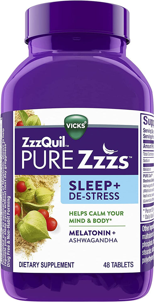 zzzQuil Pure Zzzs Sleep+De-Stress Melatonin+Ashwagandha Dietary Supplement 48 tablets