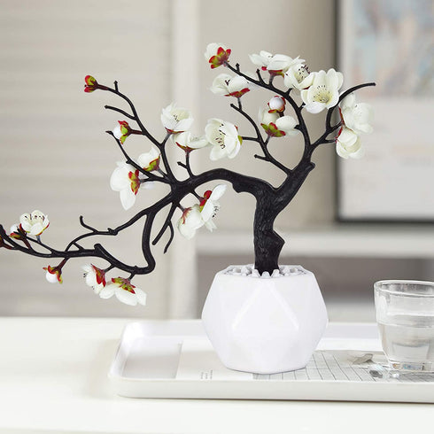 Artflower Plum Blossom Artificial Silk Flowers 2 Pack Simulation Flower with Ceramic Vase Fake Plant Potted Arrangement for Home Wedding Office DIY Living Room Party Garden Decoration (Mix)