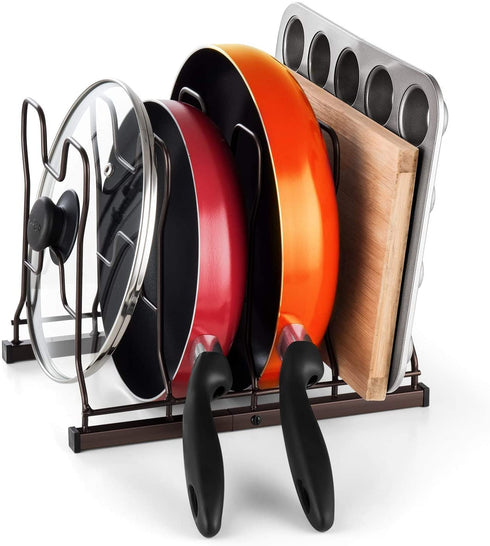 Simple Trending Adjustable Pan and Pot Lid Organizer Rack Holder, Kitchen Counter and Cabinet Organizer, Bronze