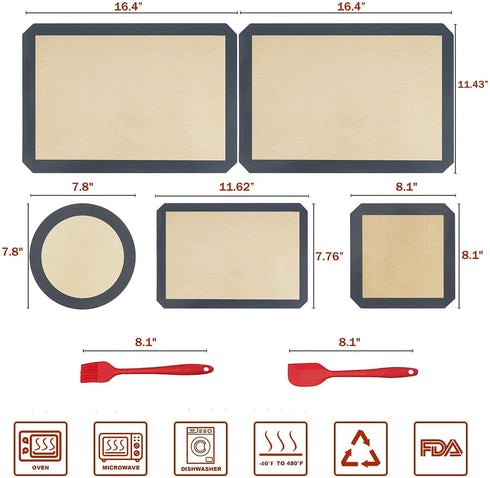 Silicone Baking Mats, Set of 7, BPA-Free Food Grade Reusable Baking Mat Professional Non-stick Pastry Mat Oven Liner Sheets Mats Silicone pan liners Square Cake Pan Mat Silicone Oil Brush &Knife