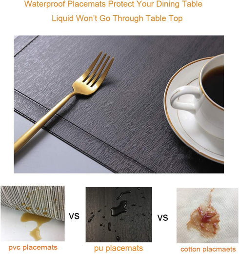 Red-A Placemats for Dining Table Set of 6 Heat-Resistant Wipeable Table Mats for Kitchen Table Decoration Waterproof Vinyl Placemats Easy to Clean,Black w/Brown