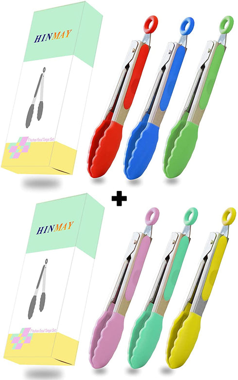 HINMAY Small Tongs Set 7-Inch Mini Tongs with Silicone Tips, Set of 6 (Red Blue Green Pink Mint Yellow)