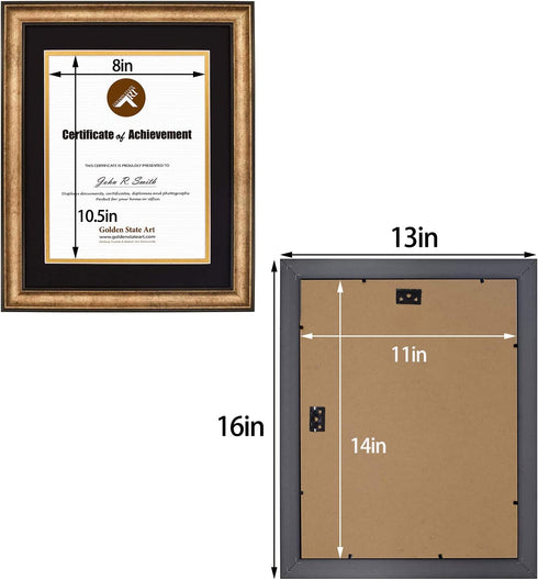 Golden State Art, 11x14 Vintage Antique Style Gold Frame for 8.5x11 Diploma/Certificate, Sawtooth Hangers for Wall Mounting with Real Glass, Black Trim (Black/Gold Double Mat)