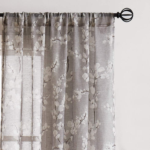 FMFUNCTEX Sheer Curtains for Living-Room 84" Long White Floral Blossom Print on Flax Linen Blend Window Curtain Panels 50" w x 2 Pack Rod Pocket