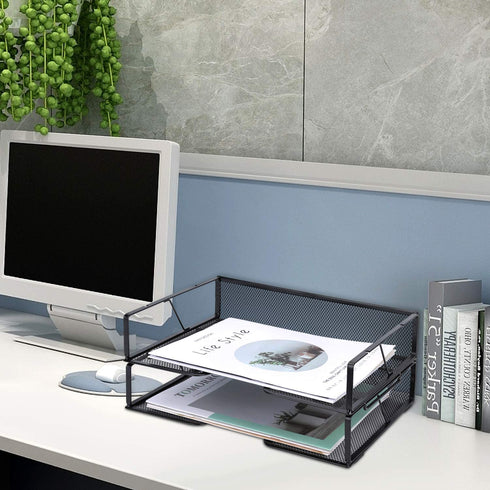 Meshist Stackable Letter Tray Desk Organizer, 2 Tier Mesh Desktop File Organizer, Document Paper Tray Organizer, Perfect for Home and Office, Black