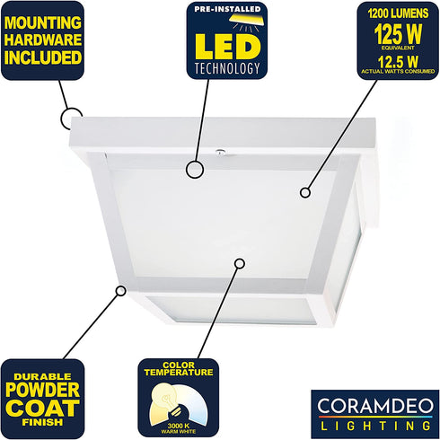 CORAMDEO 9.25? Square Ceiling Light, Porch Light, Entry, Outdoor Hallway, Damp Location, Built in LED Gives 125W of Light, 1200 Lumens, 3K, White Powder Coat Finish with Frosted Glass