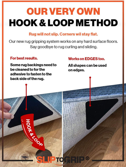 Hook and Loop Large Size Rug Corners - 4 Corner Pack Anti Slip Triangle Gripper - Easy to Lift, No Curling, Anti Skid - Reusable Gel Gripper for Hardwood Floors, Tiles, Hallaway Large Runner- Patented
