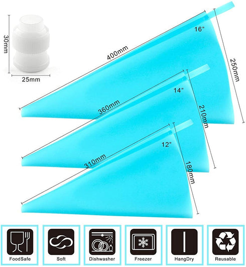Weetiee Silicone Pastry Bags, 3 Sizes Reusable Icing Piping Bags Baking Cookie Cake Decorating Bags (12+14+16)- 6 Pack - Bonus 6 Icing Couplers Fit Wilton Standard Size Tips Supplies